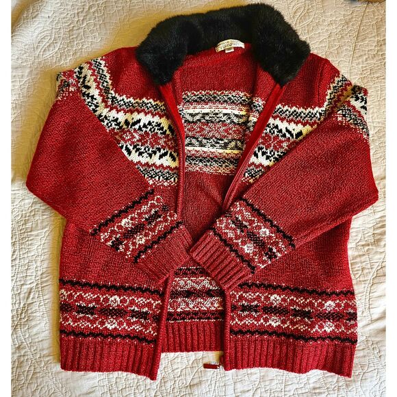 Vintage Carolyn Taylor Red Nordic Zip Up Christmas Sweater Faux Fur Collar Sz L - Picture 9 of 10